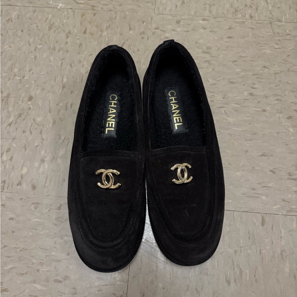 Chanel Interlocking CC Logo Black Suede Loafers